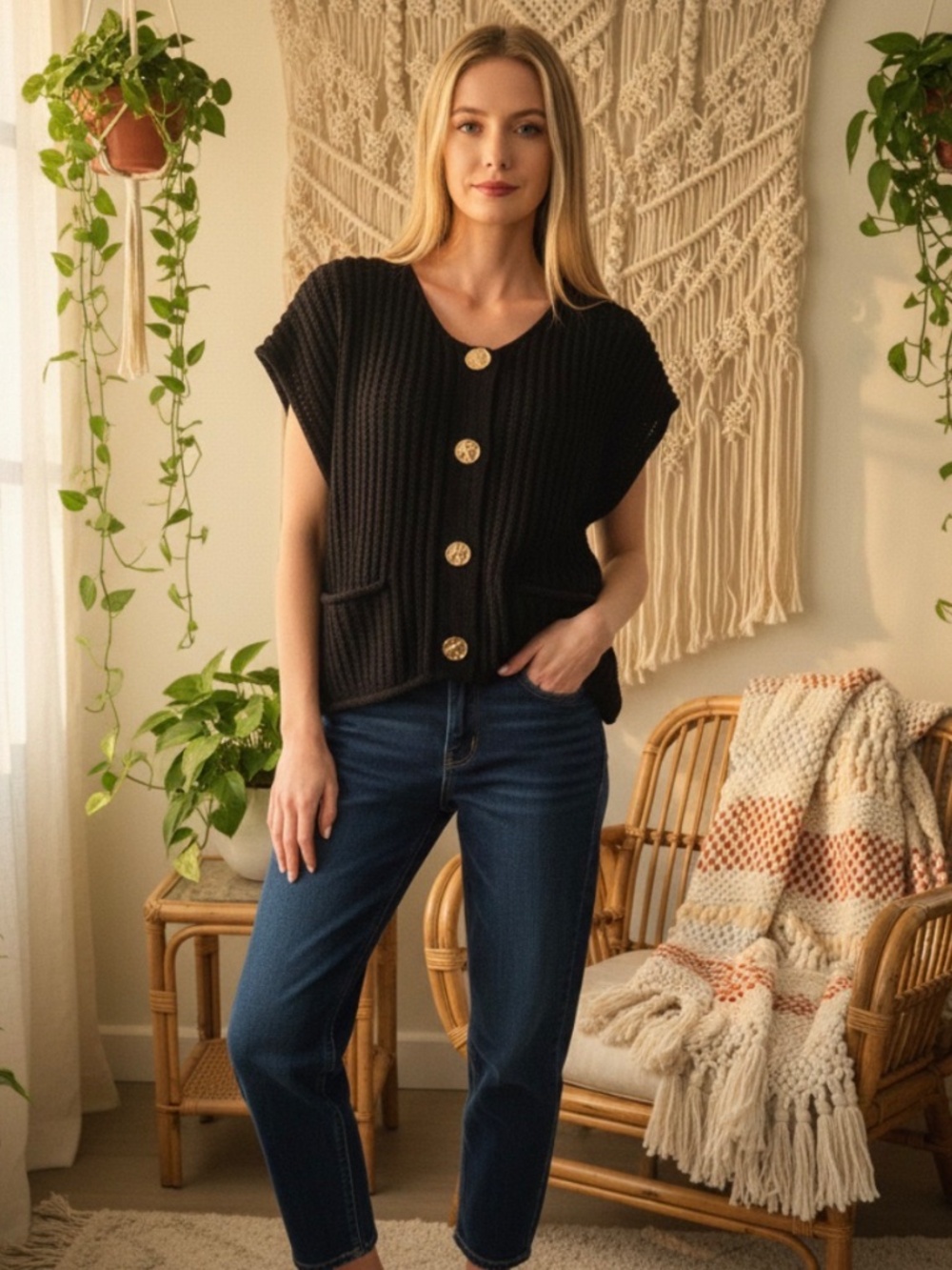 Cozy Black Ribbed Button Detail Sweater Vest - Picture 2 of 4